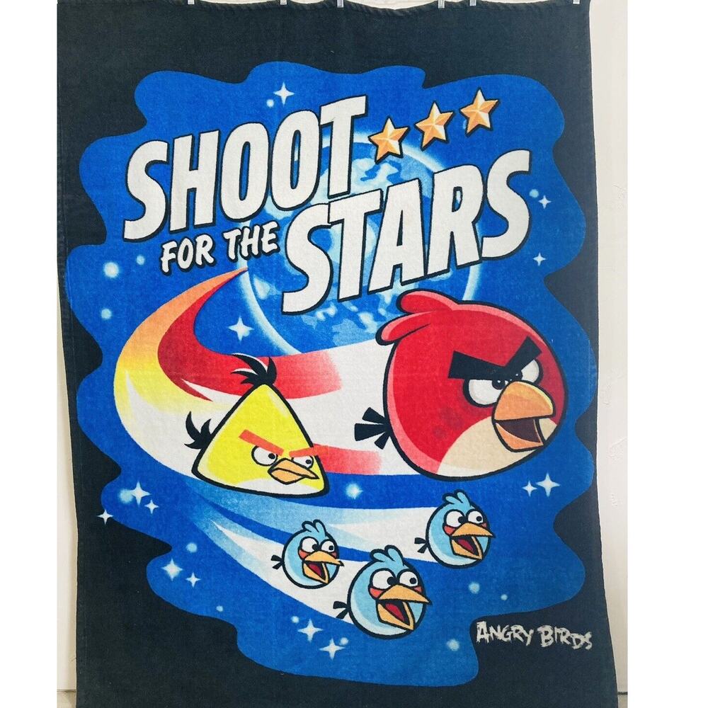 ANGRY BIRDS Large Plush Throw Blanket Shoot for Stars Blue Yellow Red 80 X 60”